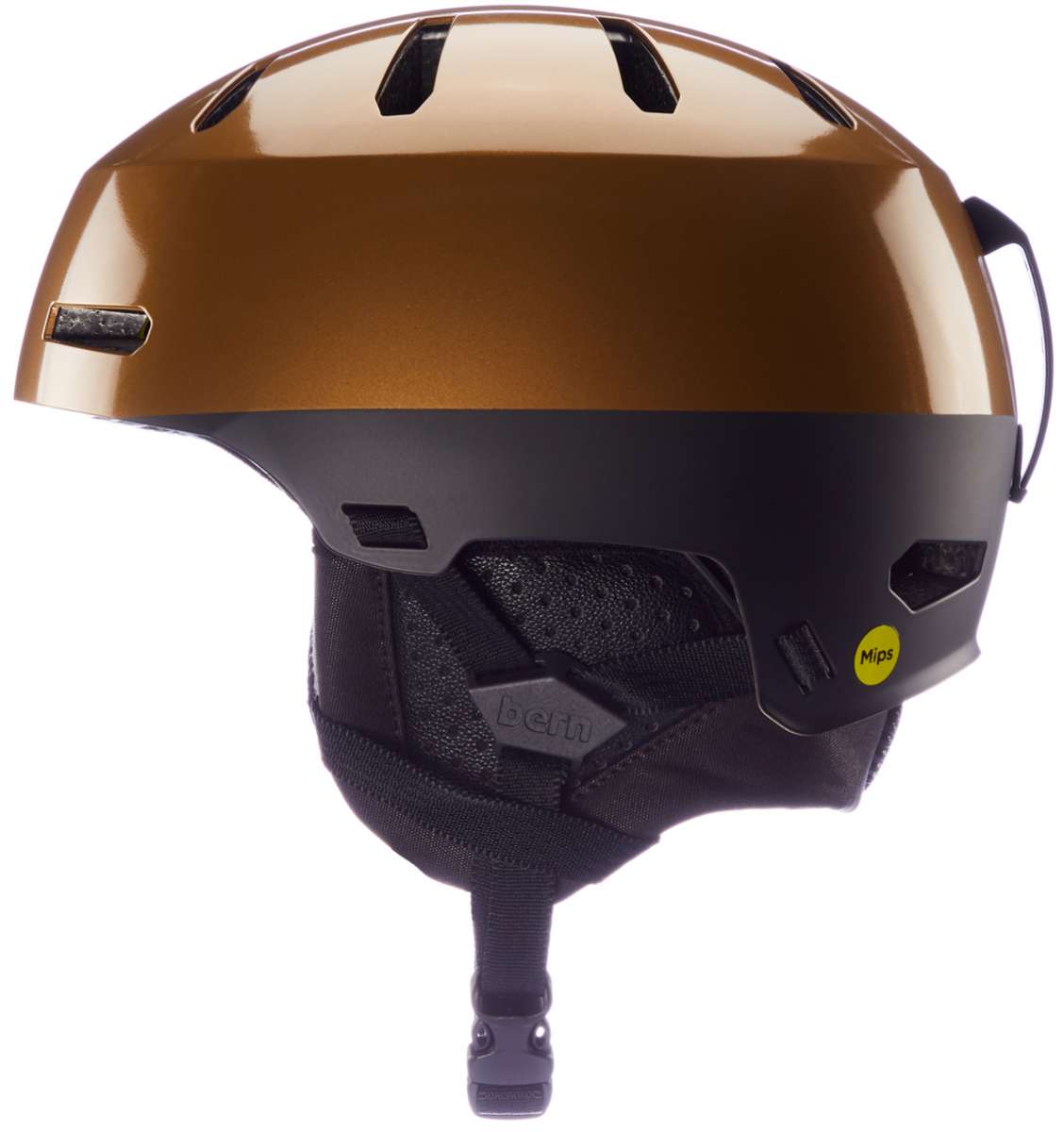 Bern Junior's Macon 2.0 MIPS Helmet 2024 - A bronze-colored helmet with a black chin strap and ventilation holes on top.