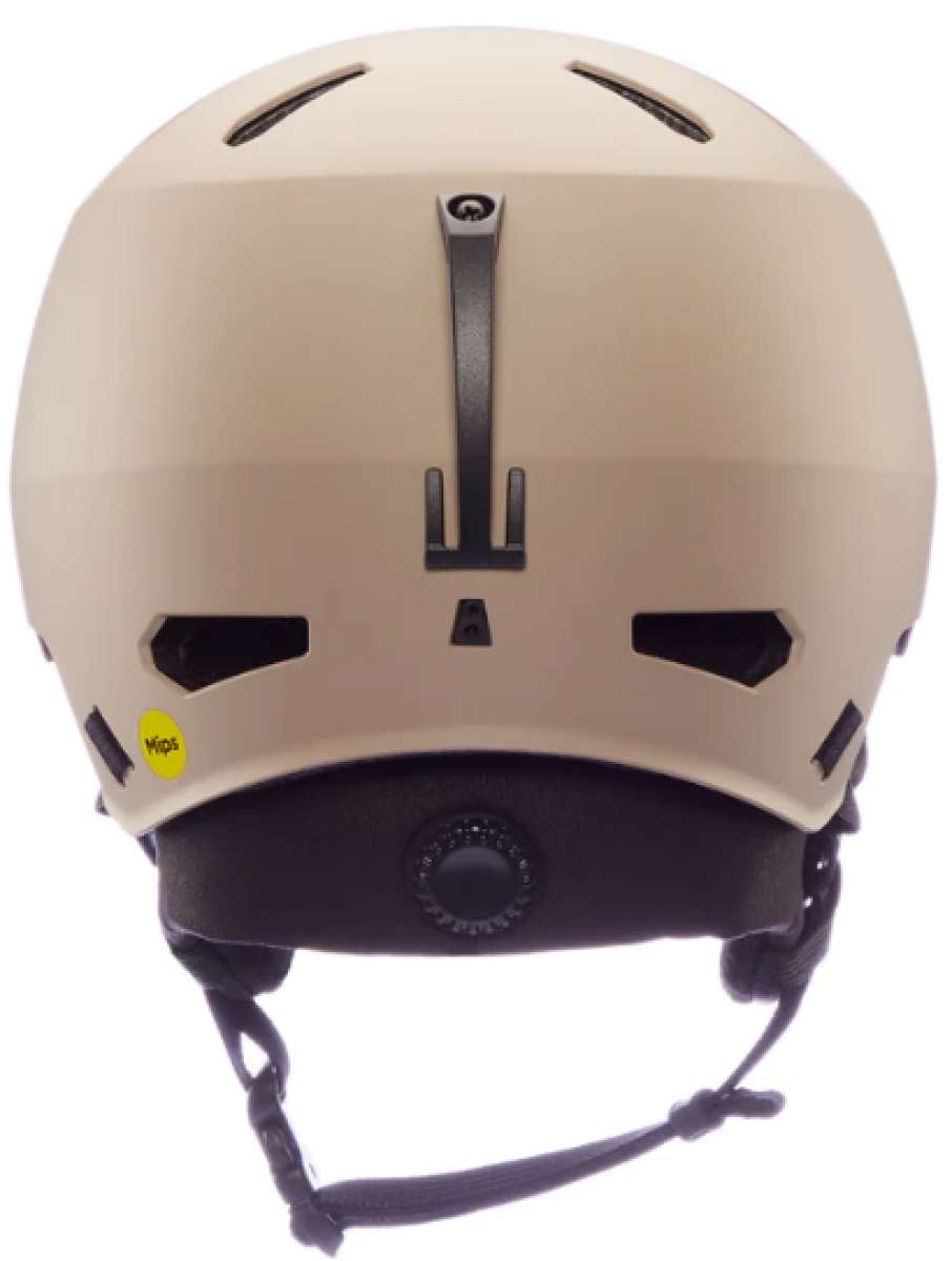 Bern Junior's Macon 2.0 MIPS Helmet 2024 - A tan helmet with a black strap and buckle on top, featuring ventilation holes along the sides and back.