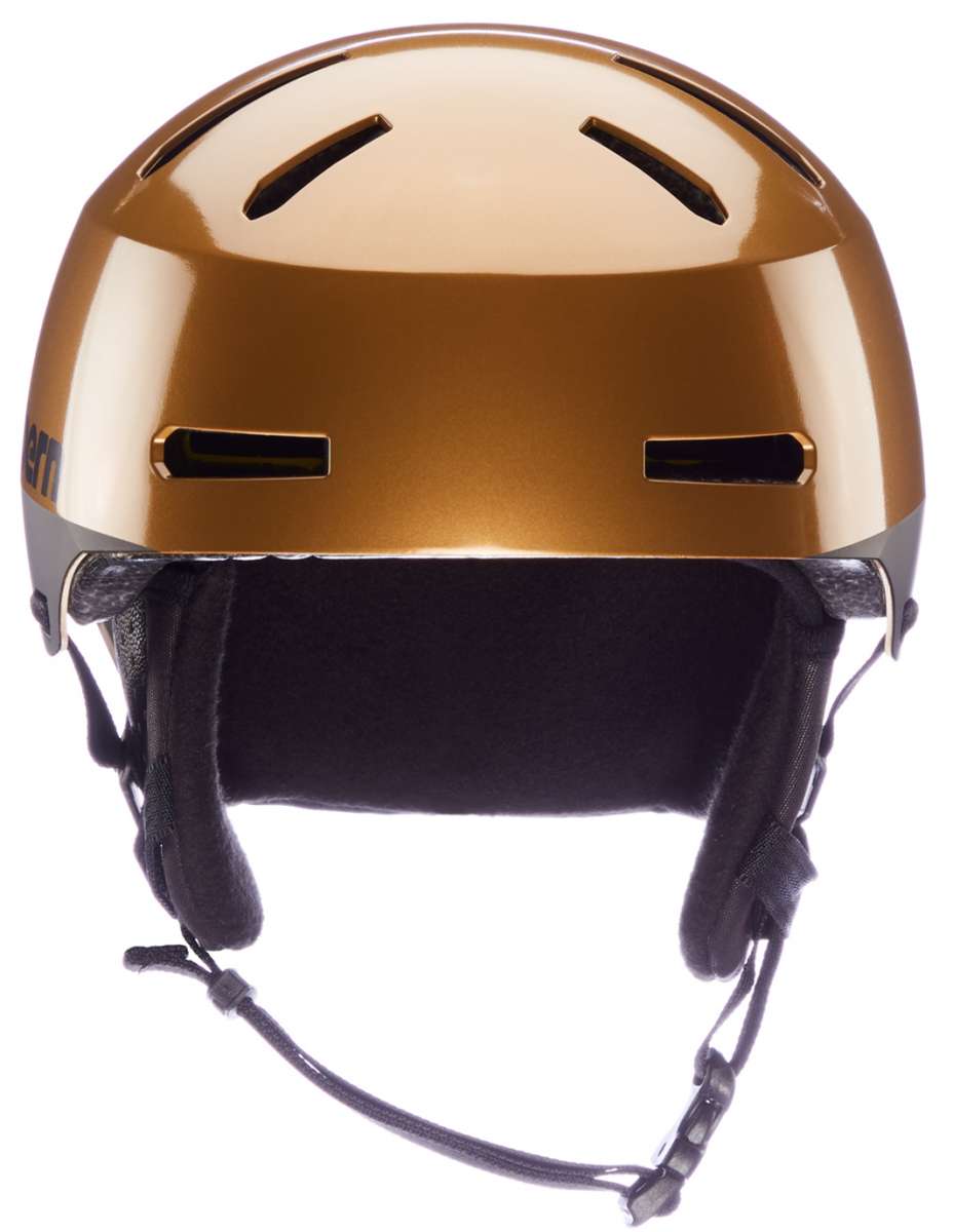 Bern Junior's Macon 2.0 MIPS Helmet 2024 - A gold helmet with a black chin strap and ventilation holes on top.
