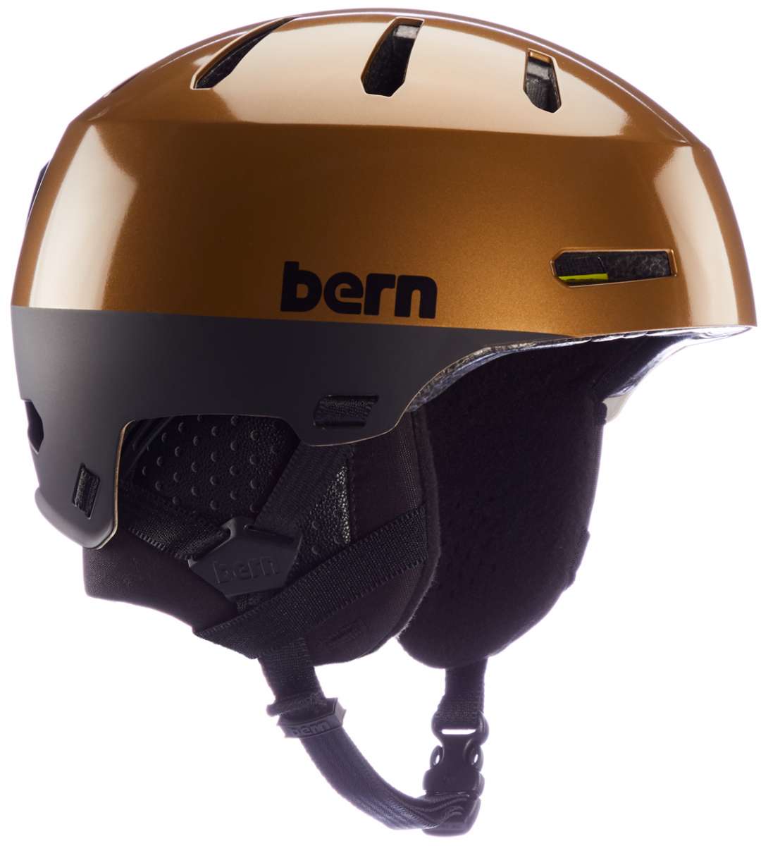 Bern Junior's Macon 2.0 MIPS Helmet 2024 - A black helmet with a white logo on the front and a red stripe on the side.