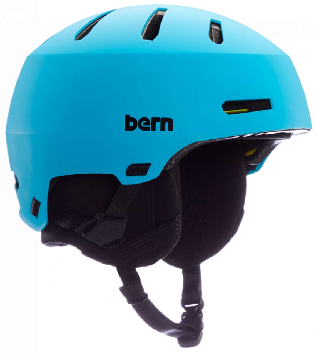 Bern Junior's Macon 2.0 MIPS Helmet 2024 - A matte black helmet with a white logo on the front and a yellow strap in the back.