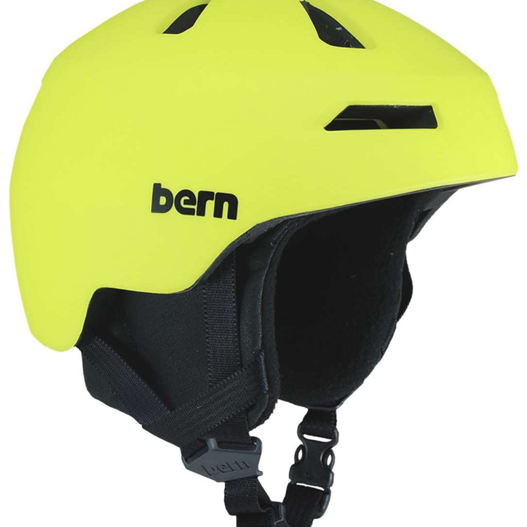Bern Kids Nino 2.0 MIPS Helmet 2024 - A neon yellow helmet with a black chin strap and ventilation holes on top.