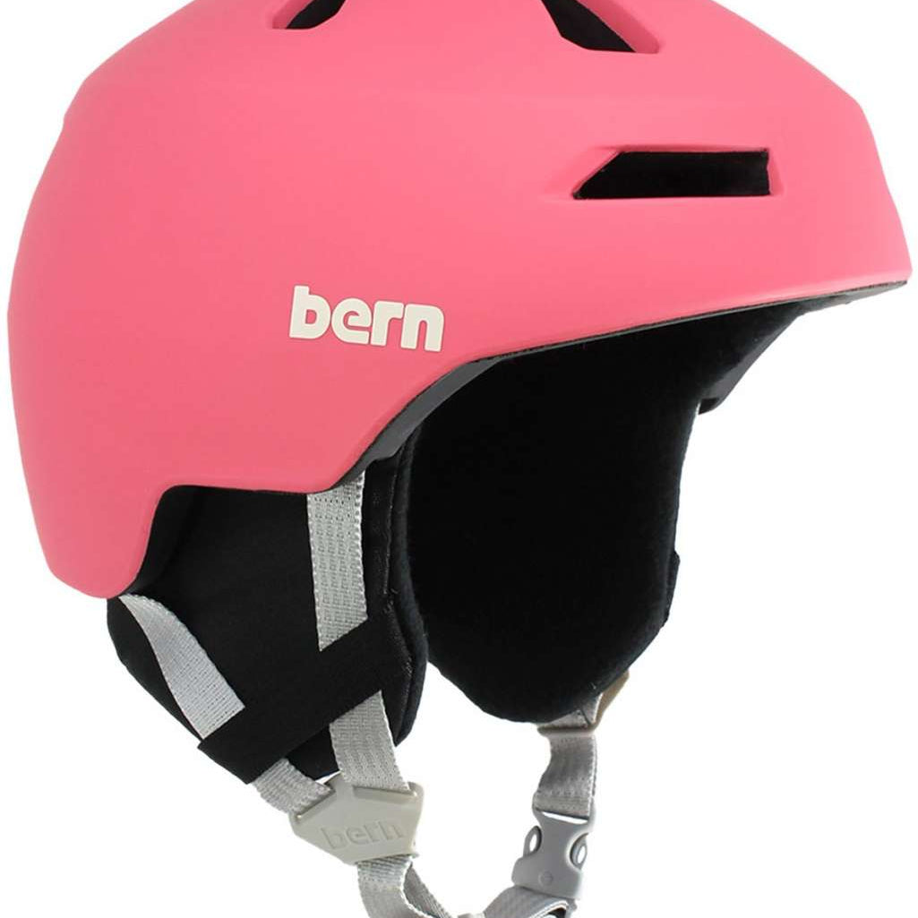 Bern Kids Nino 2.0 MIPS Helmet 2024 - A pink helmet with a white logo on the front and gray straps.