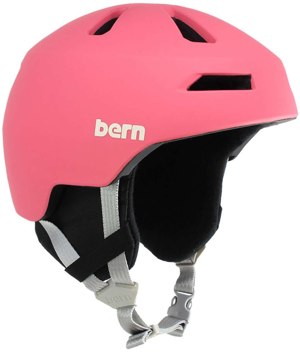 Bern Kids Nino 2.0 MIPS Helmet 2024 - A pink helmet with a white logo on the front and gray straps.