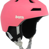 Bern Kids Nino 2.0 MIPS Helmet 2024 - A pink helmet with a white logo on the front and gray straps.