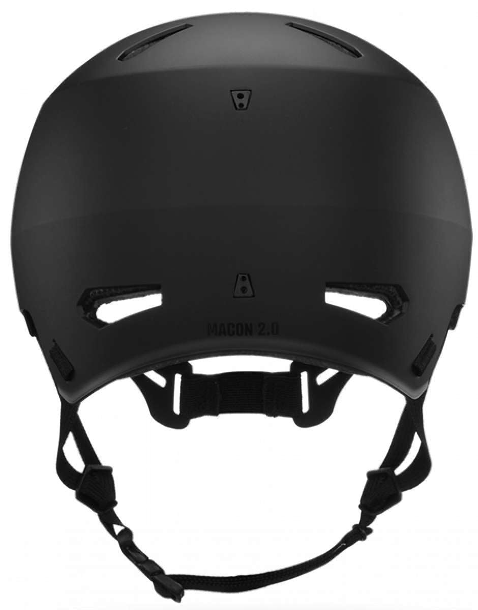 Bern Macon 2.0 MIPS Helmet 2022-2023 - A matte black helmet with a sleek, aerodynamic design and ventilation holes on top.
