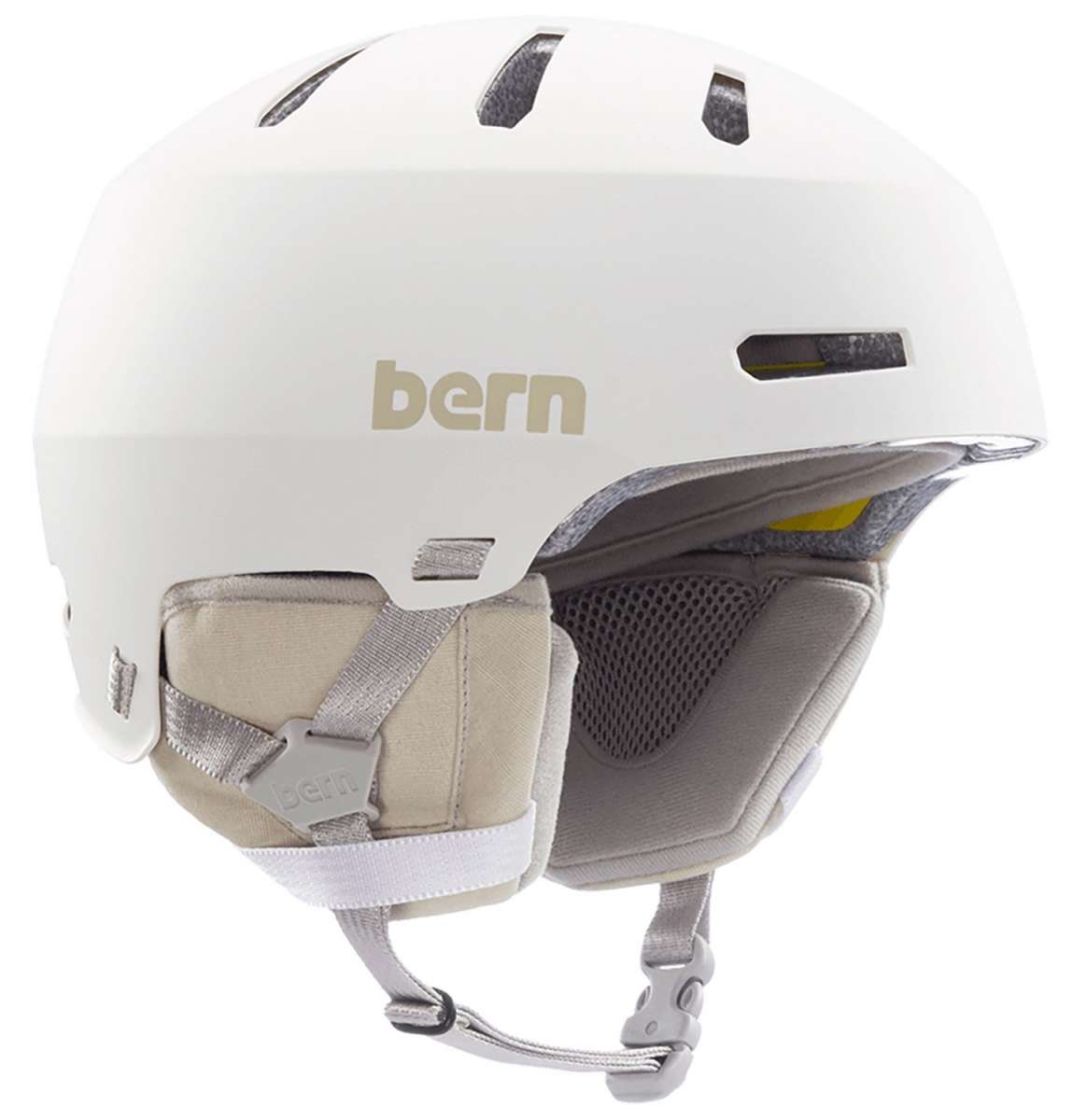 Bern Macon 2.0 MIPS Helmet - A white helmet with a gray and yellow logo on the front, featuring ventilation holes and straps for adjustment.