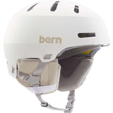Bern Macon 2.0 MIPS Helmet - A white helmet with a gray and yellow logo on the front, featuring ventilation holes and straps for adjustment.