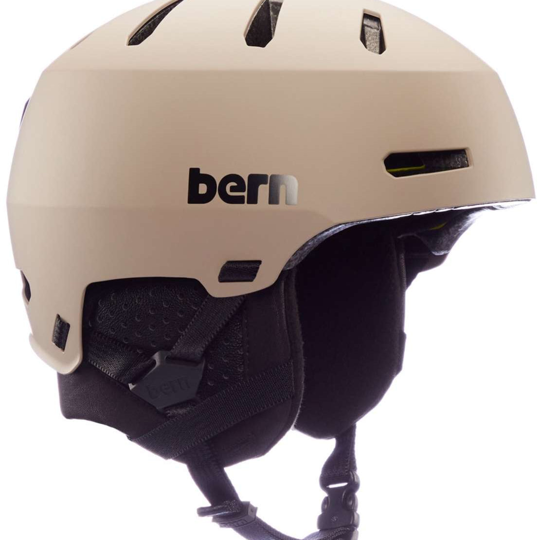 Bern Macon 2.0 MIPS Helmet - A tan helmet with a black strap and buckle on the back, featuring ventilation holes along the top.
