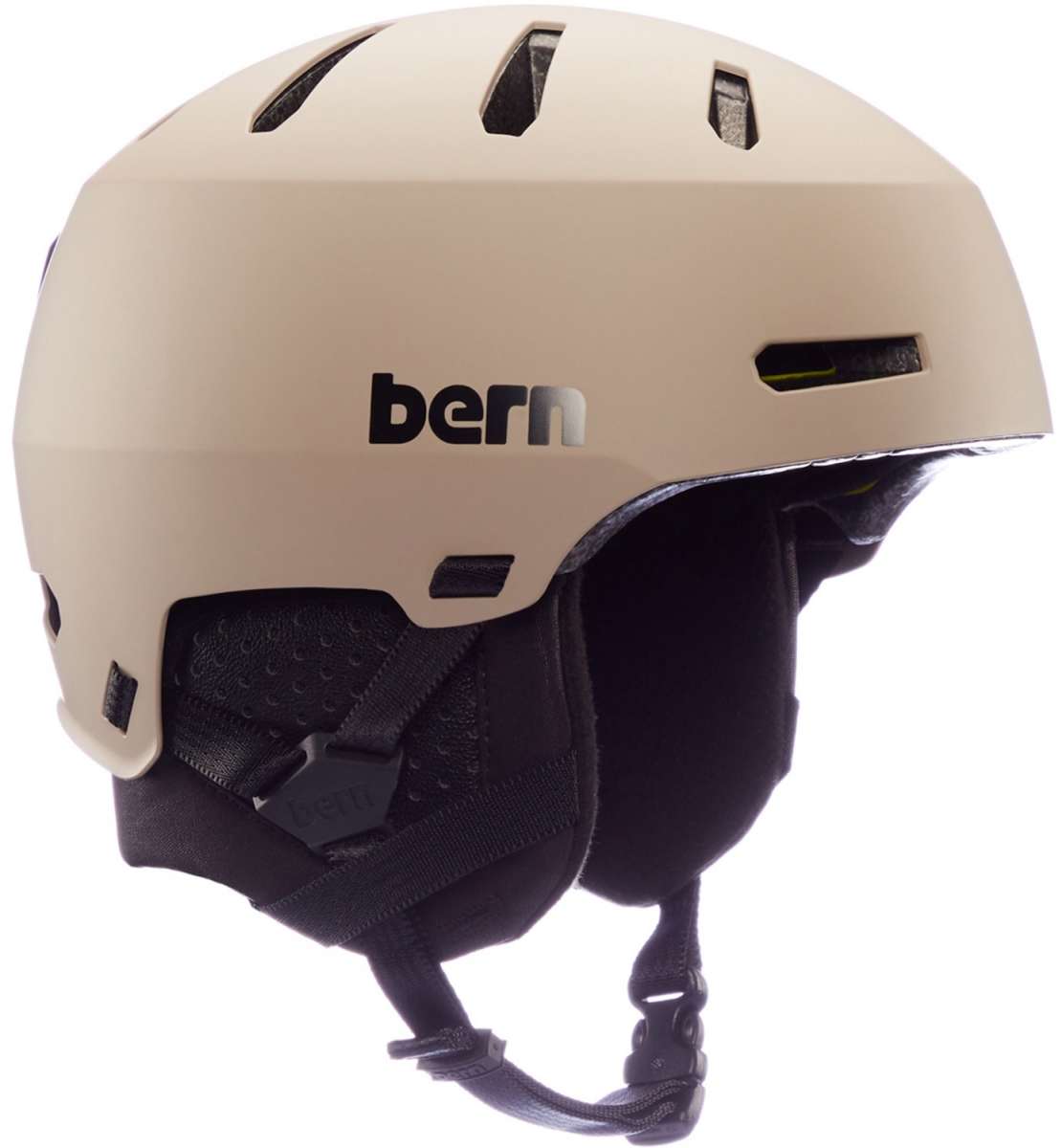 Bern Macon 2.0 MIPS Helmet - A tan helmet with a black strap and buckle on the back, featuring ventilation holes along the top.