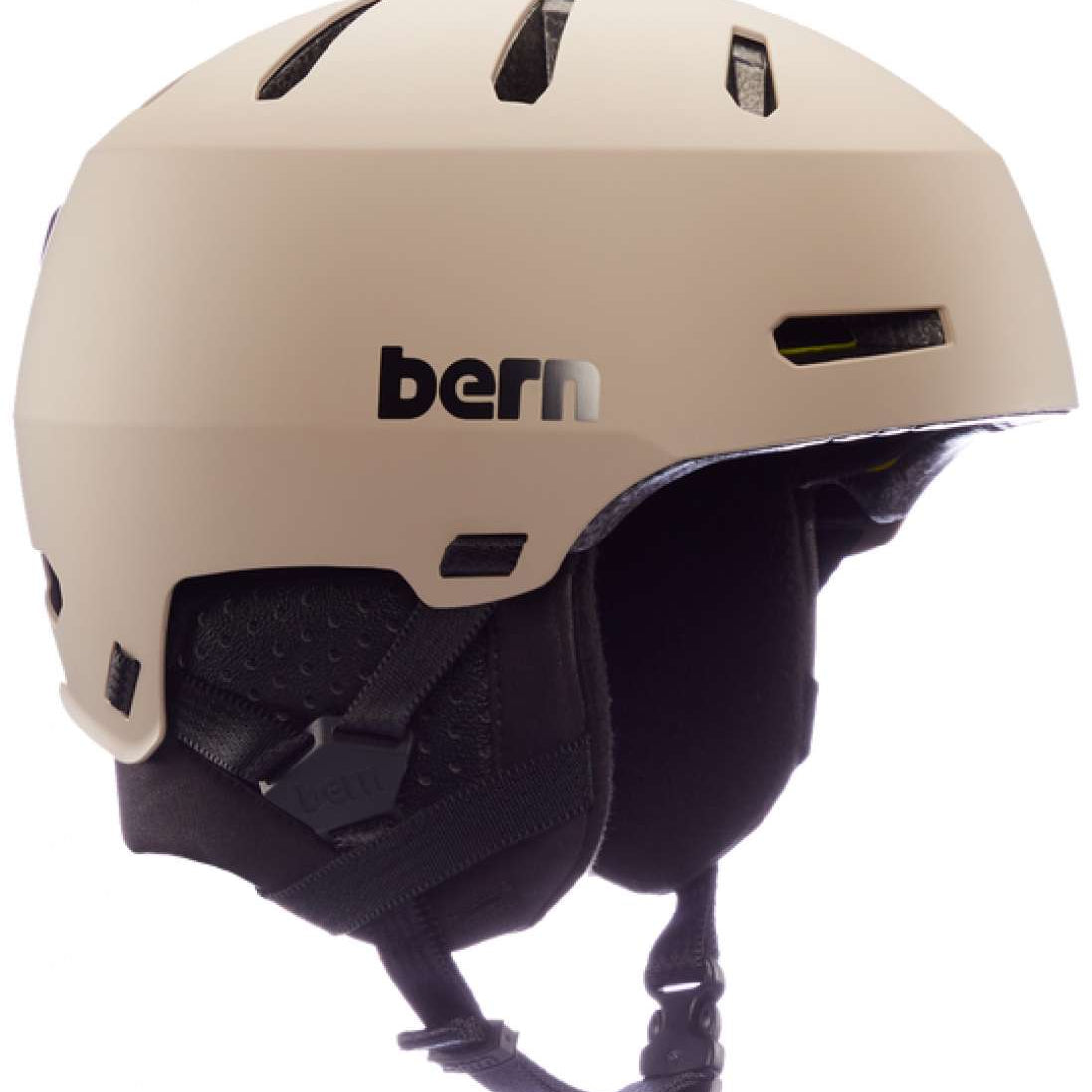 Bern Macon 2.0 MIPS Helmet 2024 - A tan helmet with a black strap and white logo on the side.