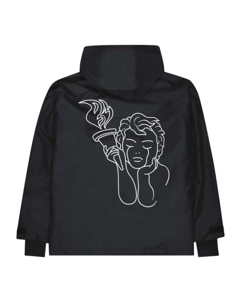 Beyond Medals Anorak 2L Shell Jacket 2024 - A black jacket with a white graphic of a woman holding an Olympic torch on the back.