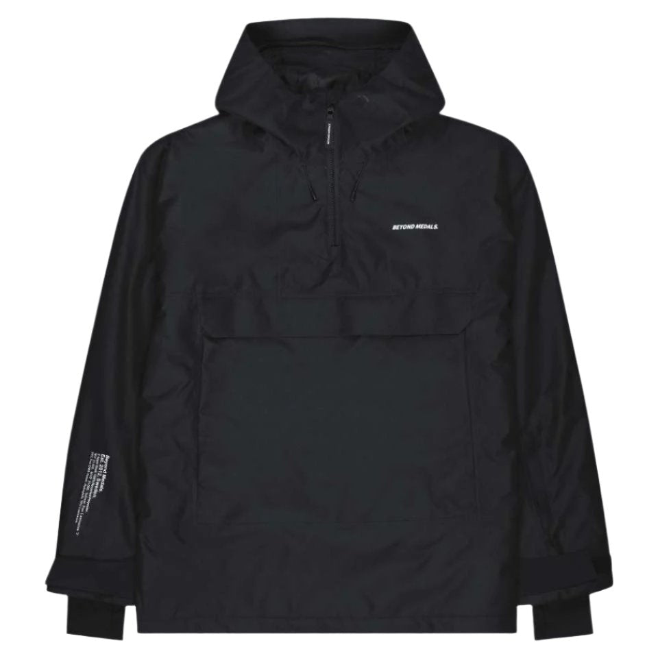 Beyond Medals Anorak 2L Shell Jacket 2024 - A black jacket with a hood, featuring white text on the chest and sleeve.
