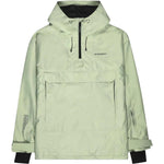 Beyond Medals Anorak 2L Shell Jacket 2024 - A light green jacket with a hood, featuring black drawstrings and a zippered front.