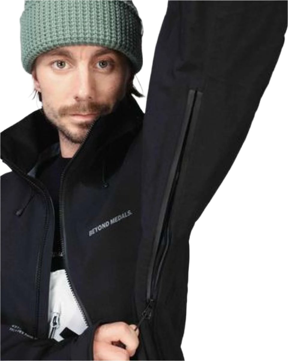 Beyond Medals High Tech 3L Shell Jacket 2024 - A black jacket with a high collar and zippered pockets.