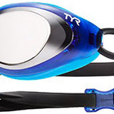 TYR Men's Blackhawk Racing Mirrored Swim Goggles - A pair of mirrored swim goggles with a black frame and strap, featuring a sleek design for optimal underwater visibility.