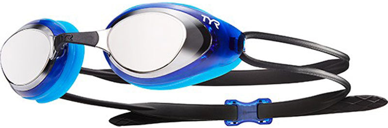 TYR Men's Blackhawk Racing Mirrored Swim Goggles - A pair of mirrored swim goggles with a black frame and strap, featuring a sleek design for optimal underwater visibility.