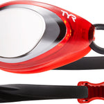 TYR Men's Blackhawk Racing Mirrored Swim Goggles - A pair of mirrored swim goggles with a black frame and strap, featuring a sleek design for optimal underwater visibility.