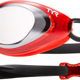 TYR Men's Blackhawk Racing Mirrored Swim Goggles - A pair of mirrored swim goggles with a black frame and strap, featuring a sleek design for optimal underwater visibility.