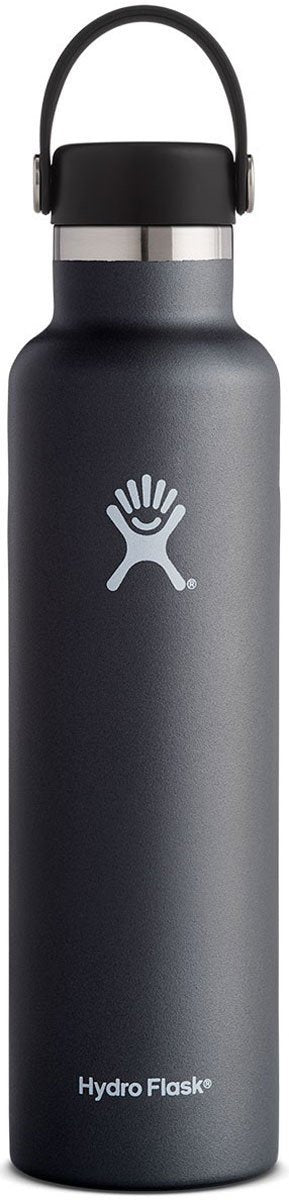 Hydro Flask - A dark gray water bottle with a silver lid, featuring a standard mouth opening and a handle on top.