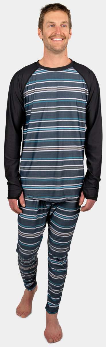 BlackStrap - Skyliner full leg baselayer bottoms with black, white, and grey stripes on a charcoal background.