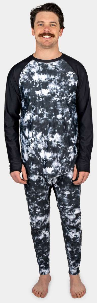 BlackStrap Skyliner Full Leg Bottom Baselayer - A black and white snowboard baselayer with a tie-dye pattern on the front, featuring long sleeves and pants.