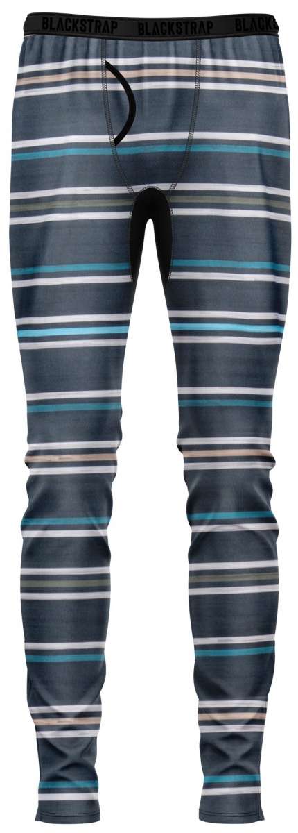 BlackStrap Skyliner Full Leg Bottom Baselayer - A pair of gray full-length leggings with horizontal stripes in white, light blue, and olive green.