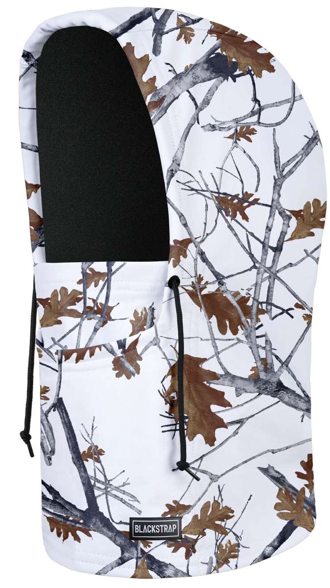 BlackStrap Camber Hood Adjustable Balaclava Print 2024 - A white balaclava with a brown and grey tree branch pattern, featuring an adjustable hood.