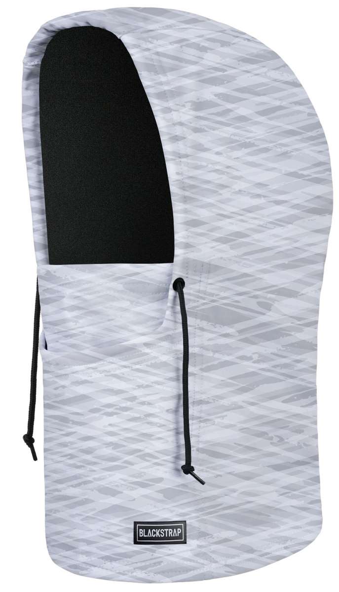 BlackStrap Camber Hood Adjustable Balaclava Print 2024 - A white balaclava with a gray geometric pattern and black drawstrings.