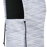 BlackStrap Camber Hood Adjustable Balaclava Print 2024 - A white balaclava with a gray geometric pattern and black drawstrings.
