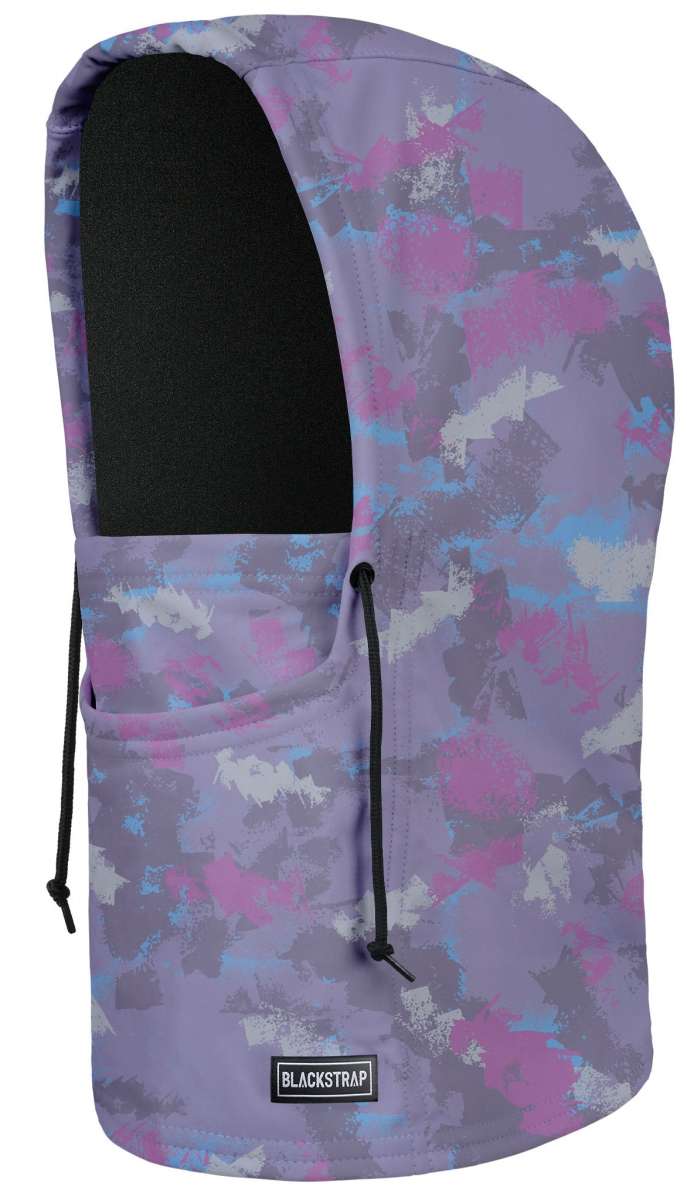BlackStrap Camber Hood Adjustable Balaclava Print 2024 - A purple balaclava with a pink and blue abstract pattern, featuring a black drawstring on the right side.