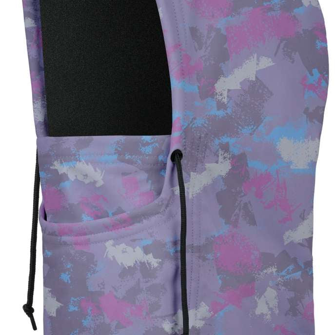 BlackStrap Camber Hood Adjustable Balaclava Print 2024 - A purple balaclava with a pink and blue abstract pattern, featuring a black drawstring on the right side.