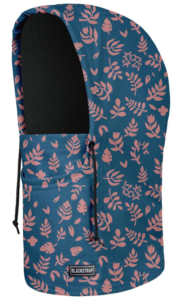 BlackStrap Camber Hood Adjustable Balaclava Print 2024 - A blue balaclava with a pink floral pattern and black drawstrings.