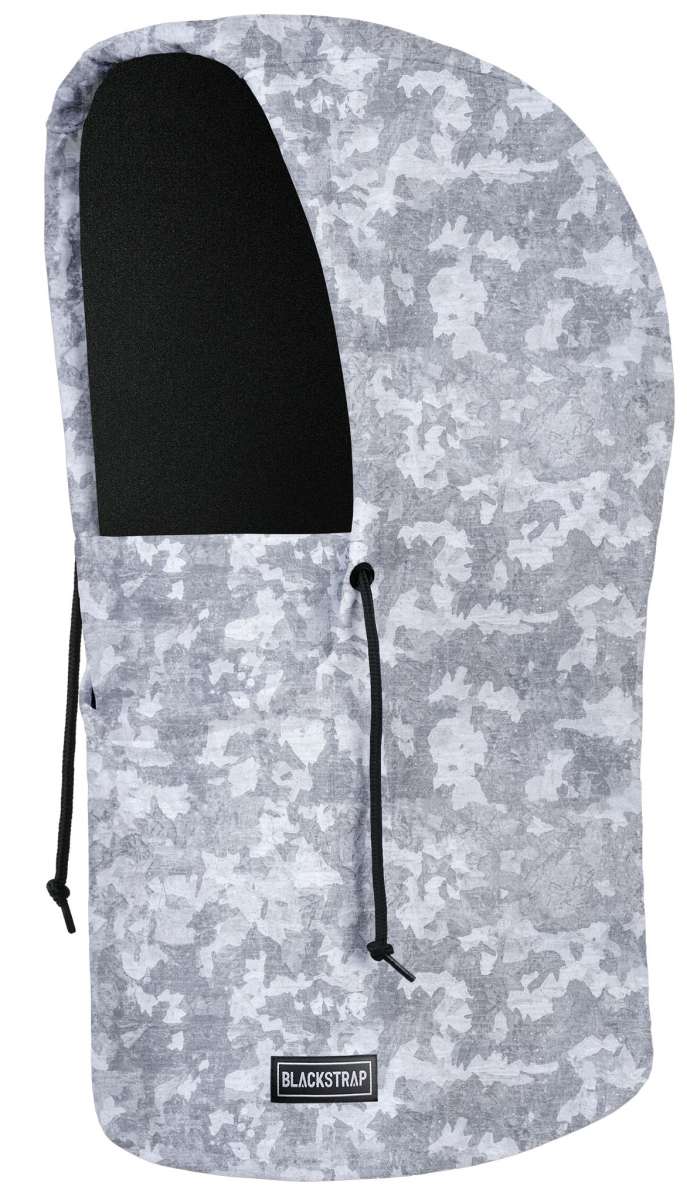 BlackStrap Camber Hood Adjustable Balaclava Print 2024 - A black and white camouflage-print balaclava with a hood, featuring an adjustable drawstring at the neck.