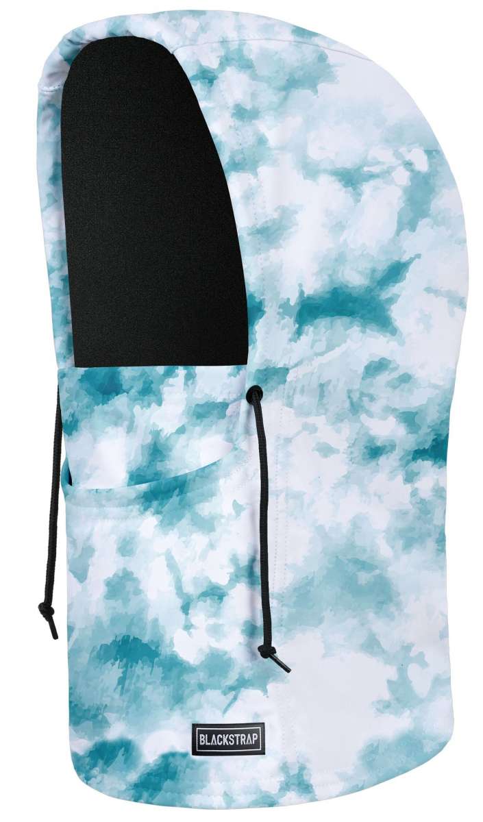 BlackStrap Camber Hood Adjustable Balaclava Print 2024 - A black and white tie-dye patterned balaclava with a hood, featuring adjustable drawstrings on the sides.