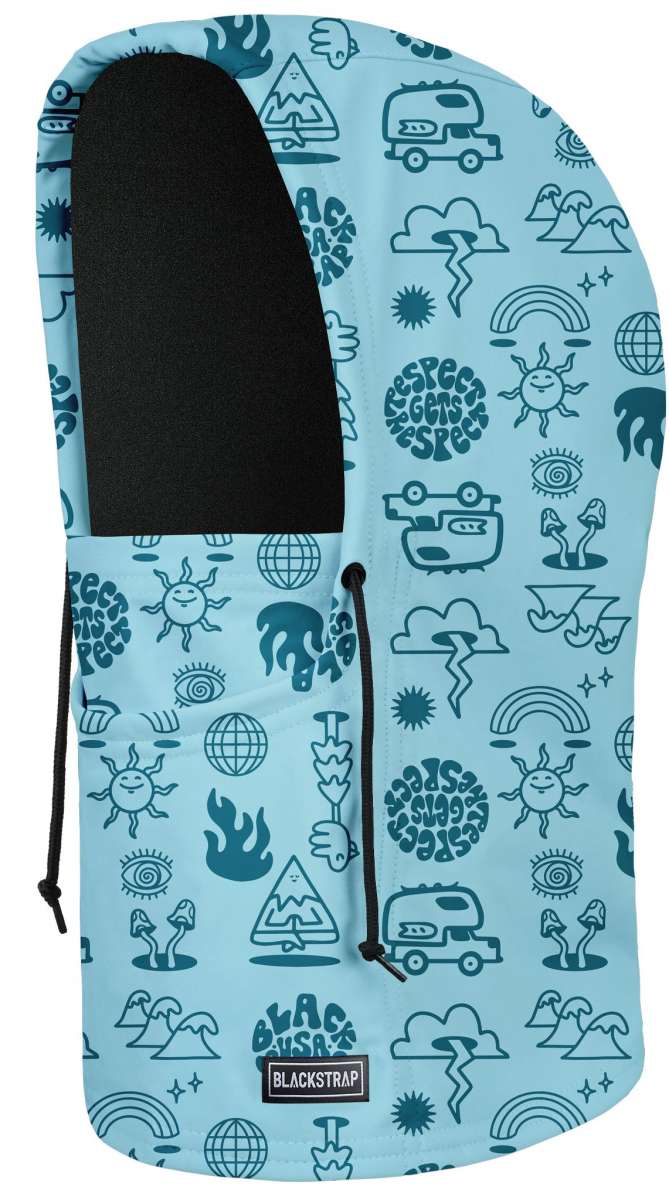 BlackStrap Camber Hood Adjustable Balaclava Print 2024 - A light blue balaclava with a repeating pattern of various symbols, including mountains, suns, and clouds in dark teal.