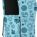 BlackStrap Camber Hood Adjustable Balaclava Print 2024 - A light blue balaclava with a repeating pattern of various symbols, including mountains, suns, and clouds in dark teal.