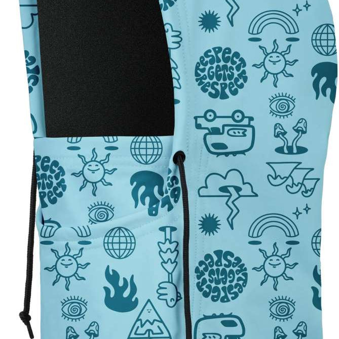 BlackStrap Camber Hood Adjustable Balaclava Print 2024 - A light blue balaclava with a repeating pattern of various symbols, including mountains, suns, and clouds in dark teal.