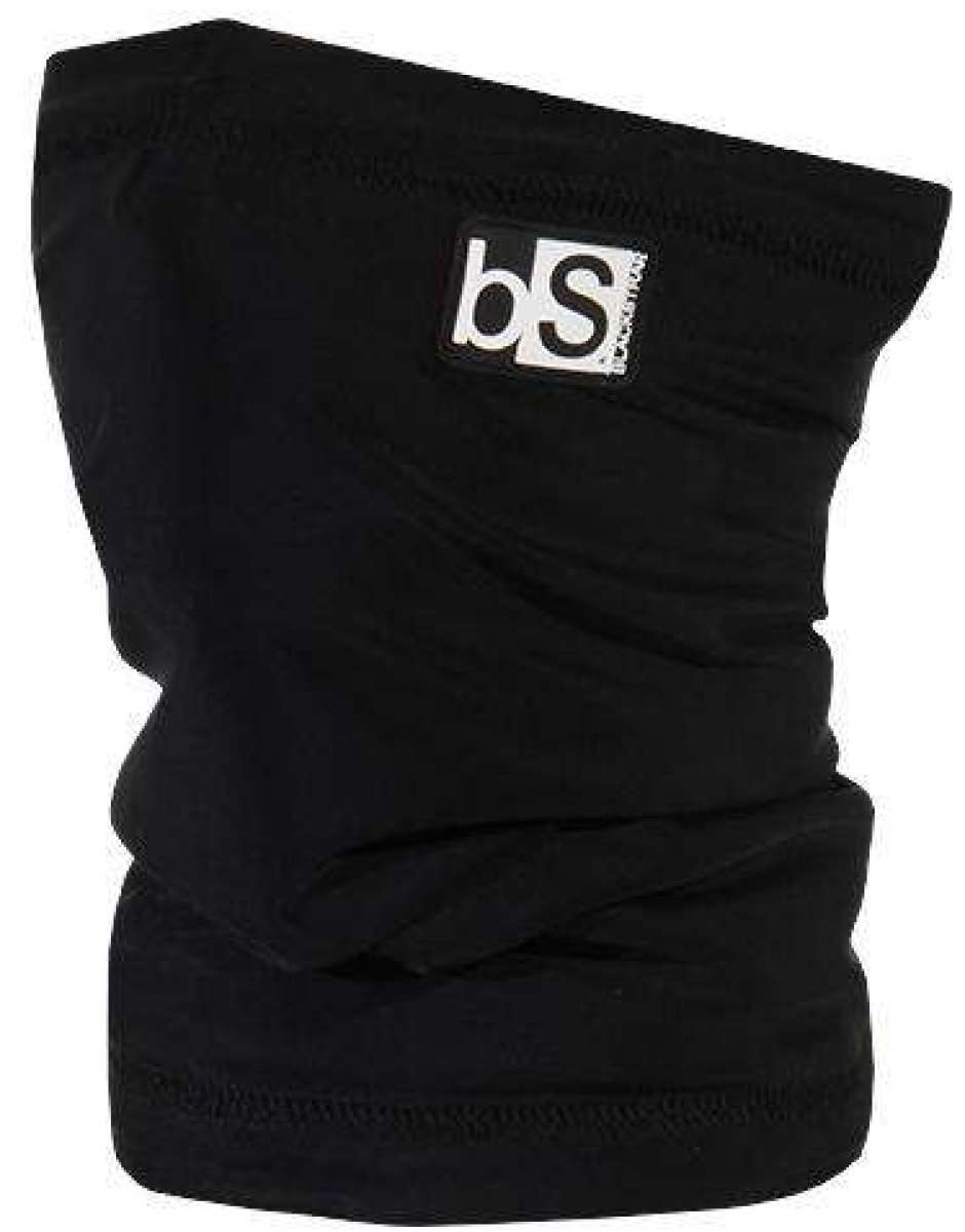 BlackStrap Kids Tube Dual Layer 2024 - A black neck gaiter with a white logo featuring the letters "bS" in block font, positioned on the upper left side of the fabric.