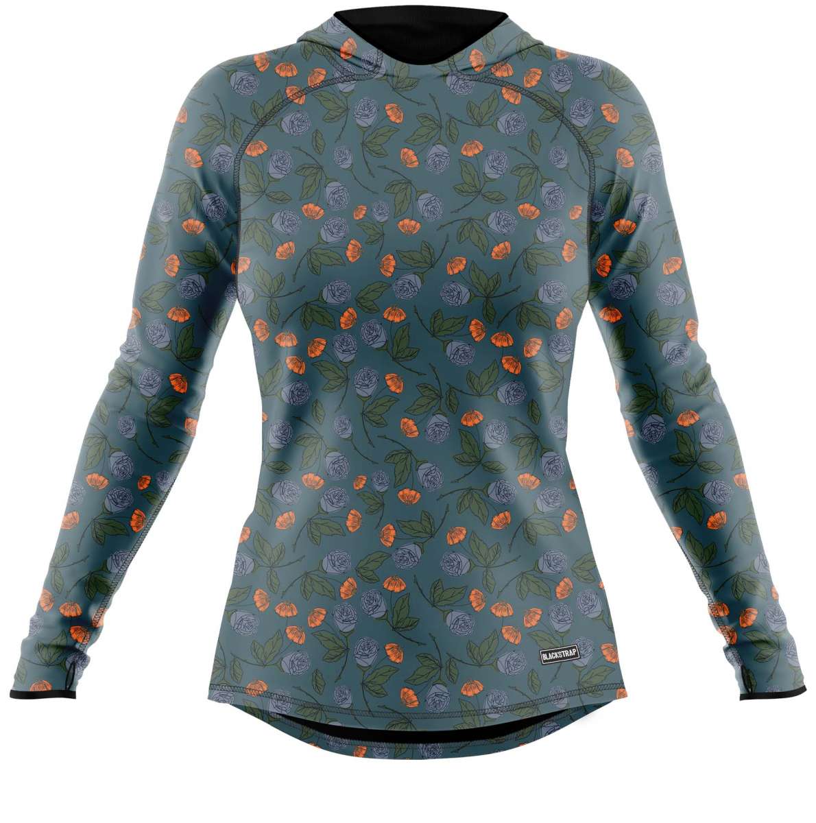 BlackStrap Women's Cloudchaser Hoodie 2024 - A light blue hoodie with a repeating pattern of gray and orange flowers, featuring green leaves on branches.