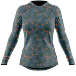 BlackStrap Women's Cloudchaser Hoodie 2024 - A light blue hoodie with a repeating pattern of gray and orange flowers, featuring green leaves on branches.