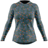BlackStrap Women's Cloudchaser Hoodie 2024 - A light blue hoodie with a repeating pattern of gray and orange flowers, featuring green leaves on branches.