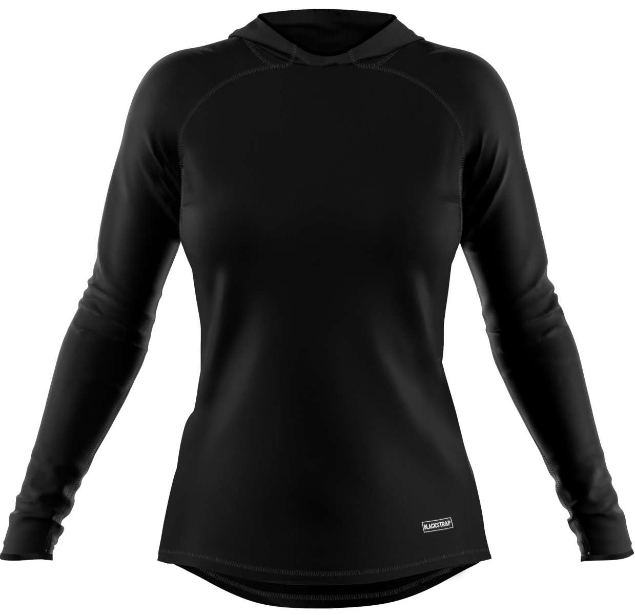 BlackStrap Women's Cloudchaser Hoodie 2024 - A black hoodie with a hood and drawstrings, featuring a small white logo on the bottom left corner.