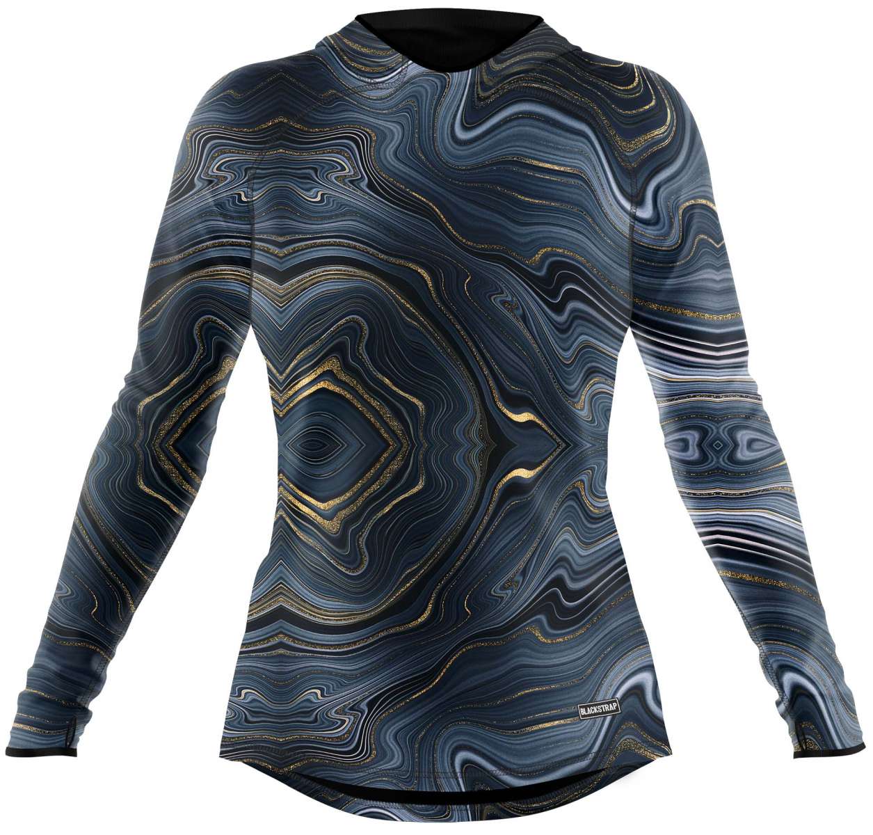 BlackStrap Women's Cloudchaser Hoodie 2024 - A black hoodie with a white and grey marbled pattern, featuring gold accents on the hood and sleeve cuffs.