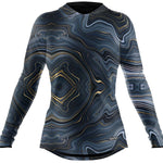 BlackStrap Women's Cloudchaser Hoodie 2024 - A black hoodie with a white and grey marbled pattern, featuring gold accents on the hood and sleeve cuffs.