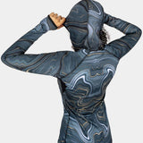BlackStrap Women's Cloudchaser Hoodie 2024 - A black hoodie with a marbled pattern of white, grey and gold swirls.