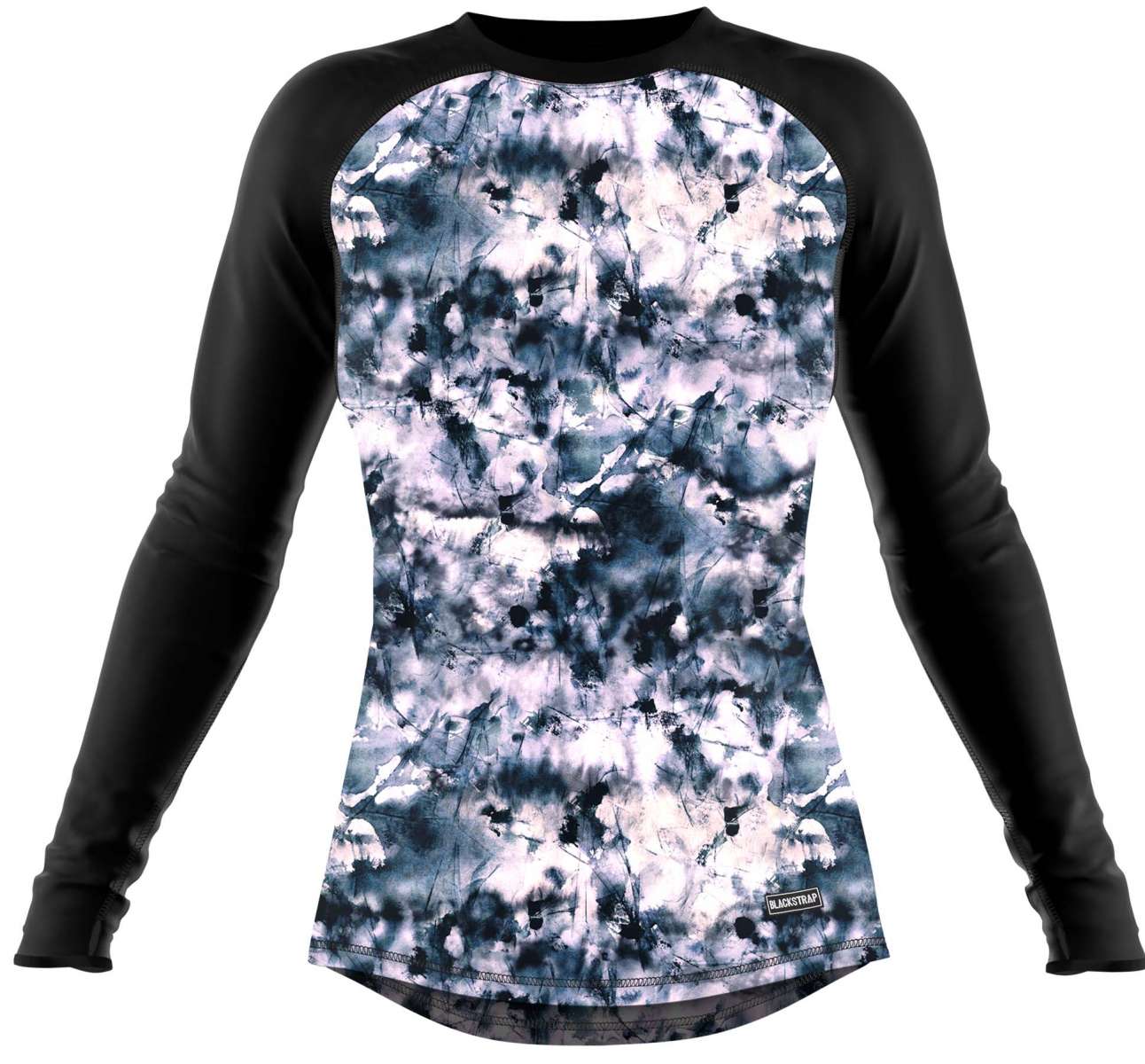 BlackStrap Women's Pinnacle Crew Top Baselayer 2024 - A black and white crew-neck top with a tie-dye pattern on the front.