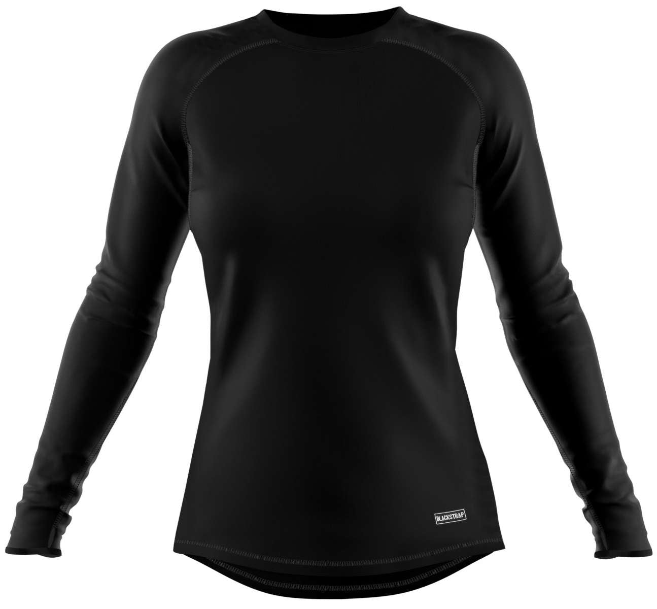 BlackStrap Women's Pinnacle Crew Top Baselayer 2024 - A black crew-neck top with a subtle logo on the left chest and a small tag at the bottom hem.