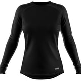 BlackStrap Women's Pinnacle Crew Top Baselayer 2024 - A black crew-neck top with a subtle logo on the left chest and a small tag at the bottom hem.