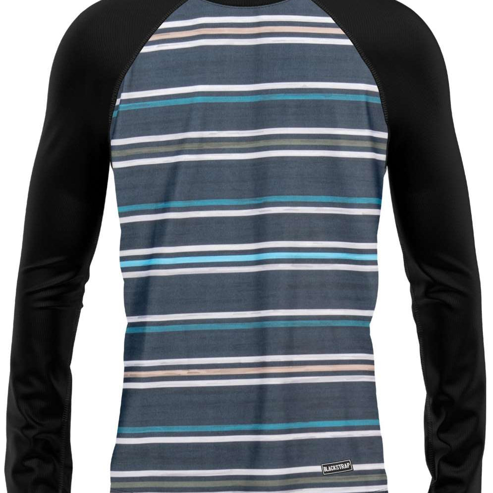 BlackStrap Skyliner Crew Top Baselayer 2024 - A crew-necked, long-sleeved black top with horizontal white stripes and a small logo on the left chest.